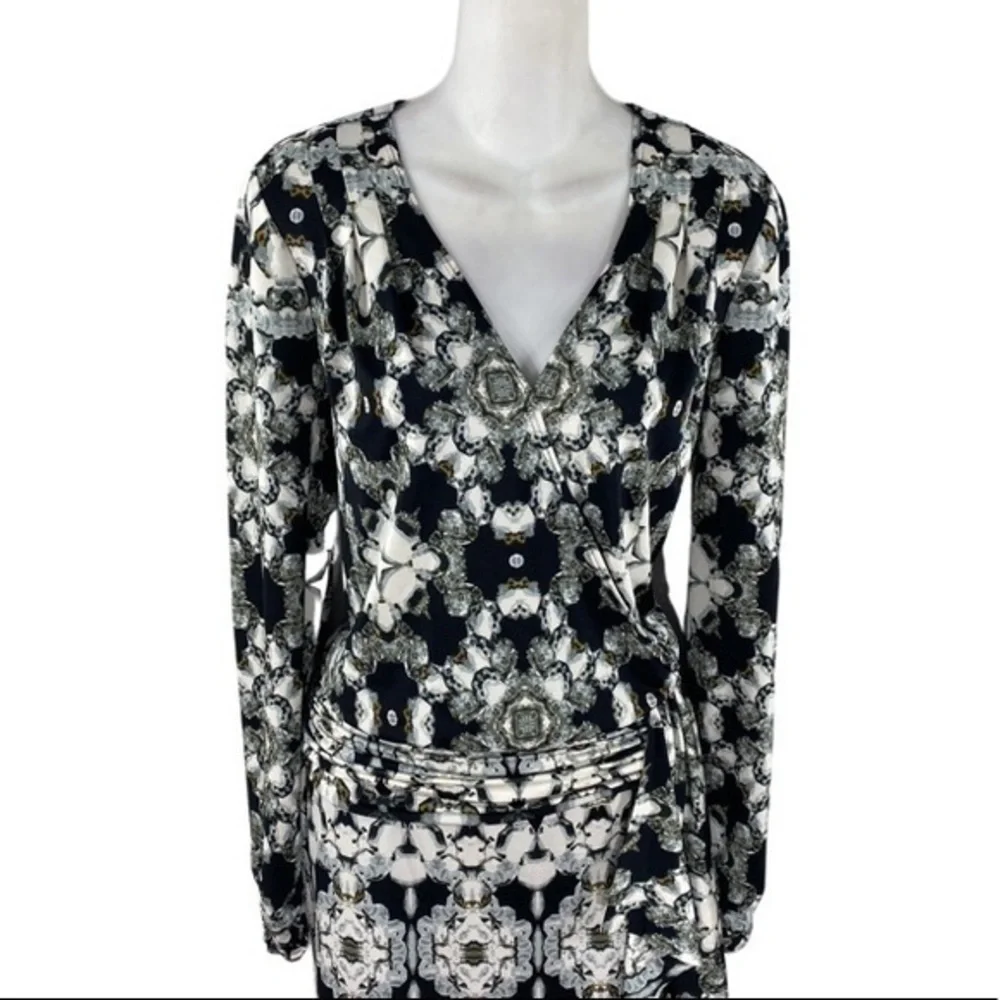 Cache black silver diamond kaleidoscope print surplice dress H19